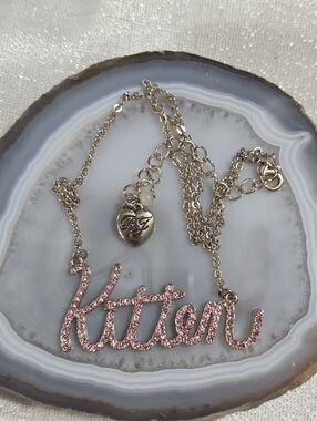 Betsey Johnson Kitten Pink Crystal Script Pendant Necklace